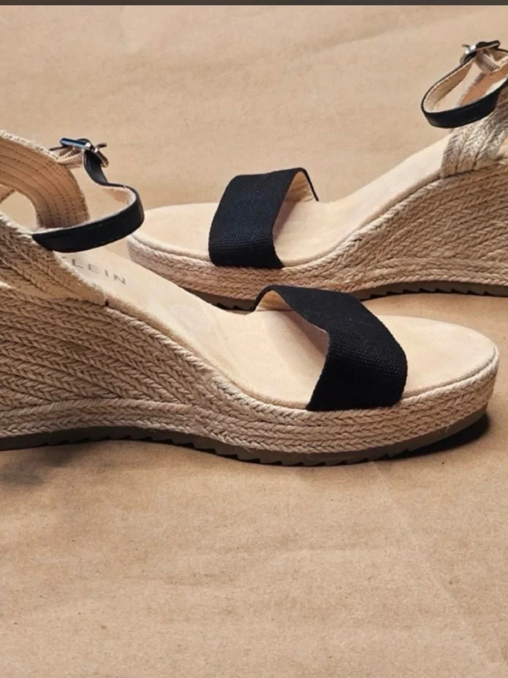 Anne Klein Black and Natural Espadrille Wedge Sandals